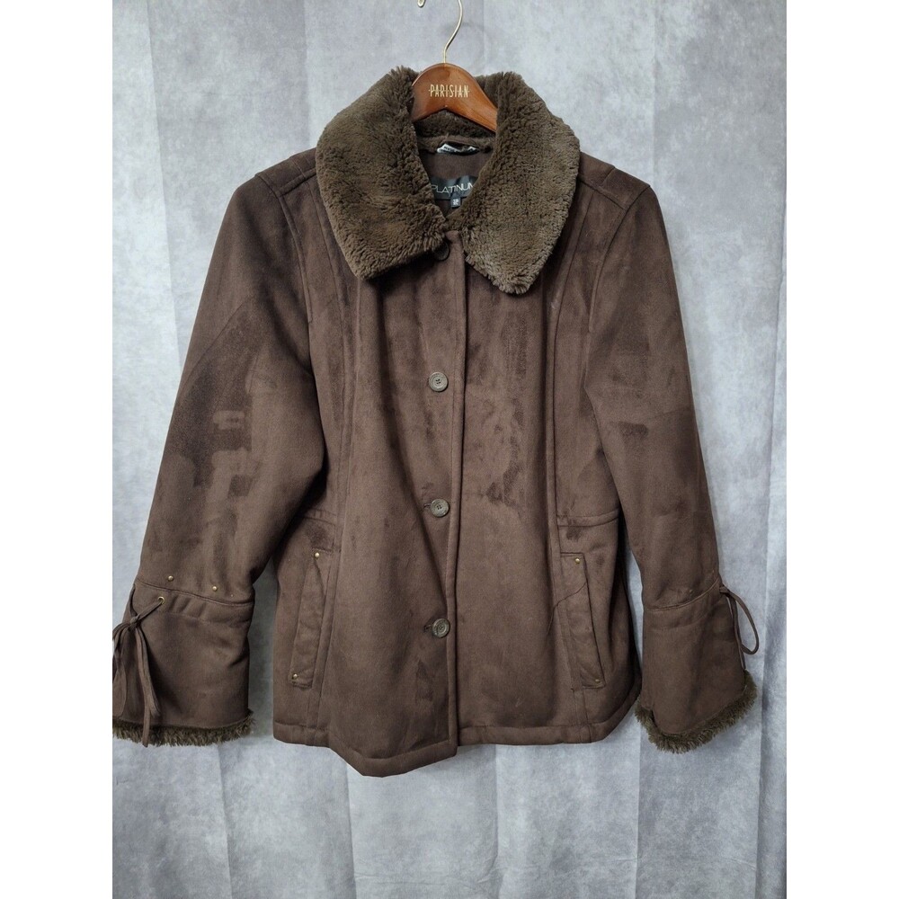Platinum Utex Faux Suede Brown Penny Lane Coat Sz XL Fur Collar Fur Lined Y2K
